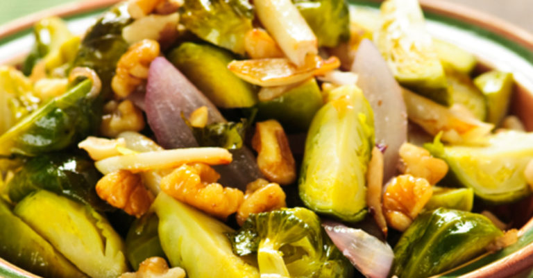 These Garlic Roasted Brussels Sprouts with Onions & Walnuts Are Packed With Flavor!