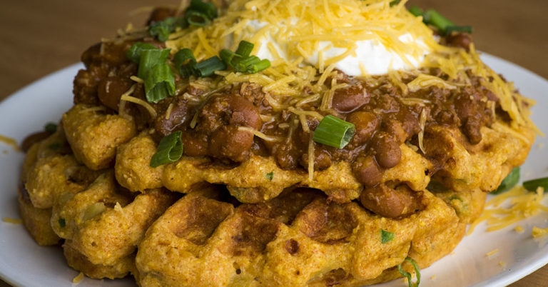 Savory Cheddar Jalapeño Cornbread Waffles With Chili