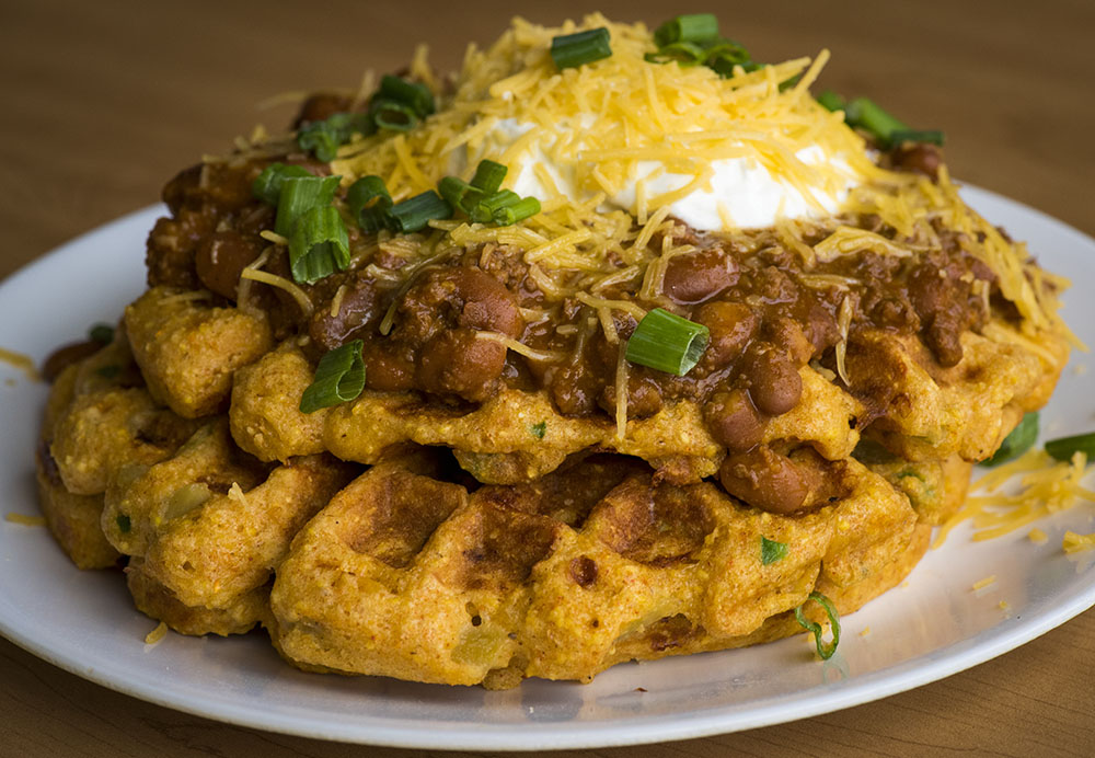 Scallion Cornbread Waffle stuffed with Chili Recipe