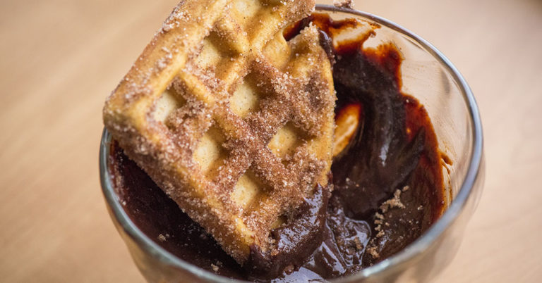 Churro Waffle Bites with Mexican Chocolate Dipping Sauce