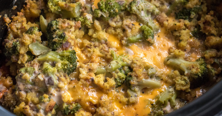 Cheesy Crock Pot Broccoli Stuffing Casserole