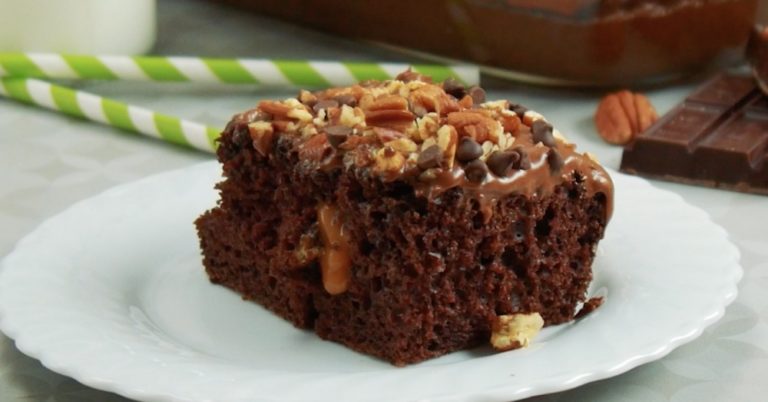 Chocolate Turtle Poke Cake