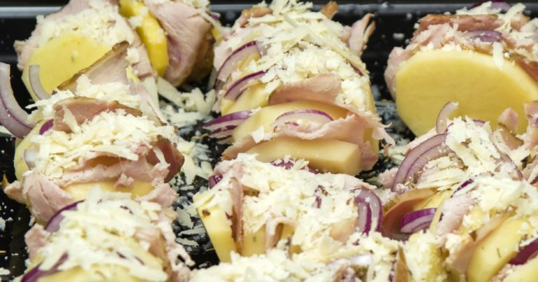 Easy Hasselback Potatoes With Ham, Cheese, and Onion