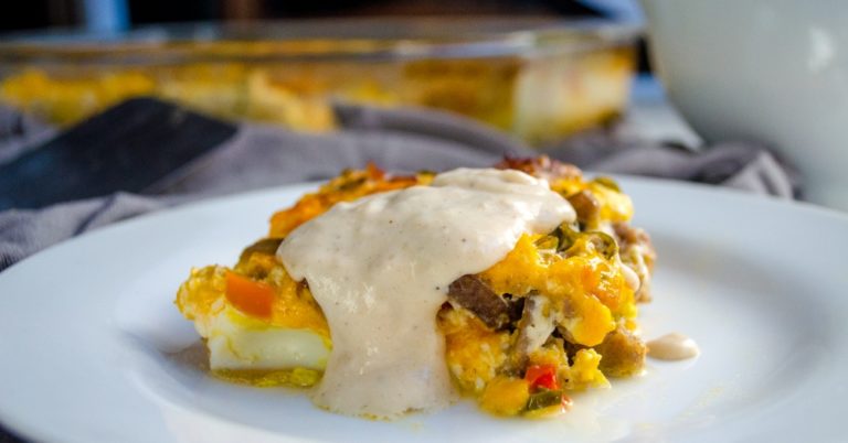 Fireman’s Overnight Breakfast Casserole with Country Gravy