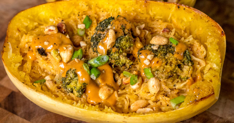 Thai Peanut Broccoli-Stuffed Spaghetti Squash