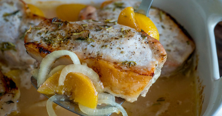 Rosemary and Thyme Peach Pork Chop Bake