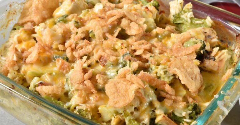 Fried Onion-Topped Cheesy Chicken and Broccoli Bake