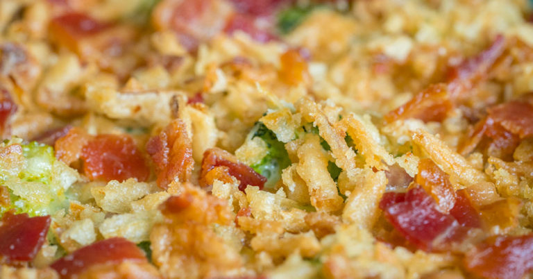 Fried Onion Cheesy Broccoli Bake