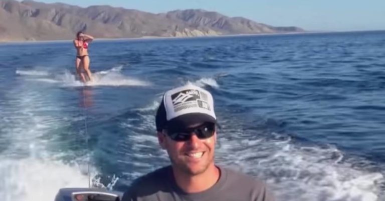 Wakeboarder Is Being Filmed When Cameraman Notices She Is Not Alone In The Water