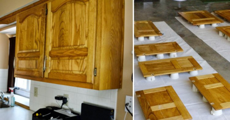 She Was Tired Of Looking At These Old Cabinets. With An $80 Budget, She Got A Whole New Look
