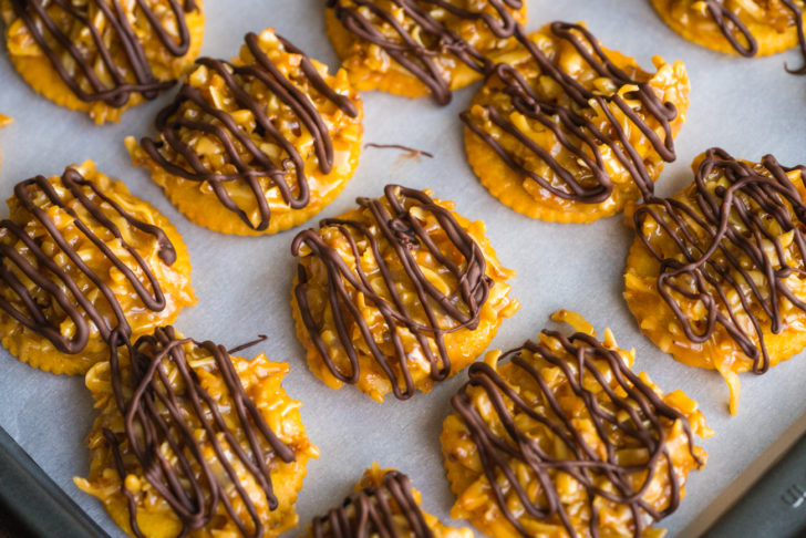 No-bake copycat Samoa cookies on a cookie sheet, from 12 Tomatoes