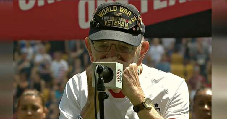 96-Yr-Old WWII Veteran Brings Stadium To Its Feet With Humble Anthem on Harmonica.