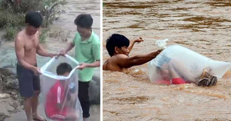 Children In Vietnam Village Ferried Across River In Plastic Bags Just To Go To School