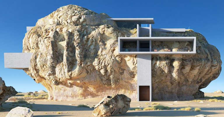 Architect Designs A Minimalist Modern House Inside Of A Giant Ancient Boulder