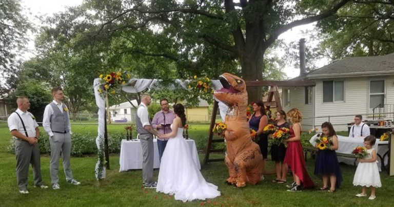 Maid Of Honor Wears T-Rex Costume To Her Sister’s Wedding After Being Told She Could Wear ‘Anything’