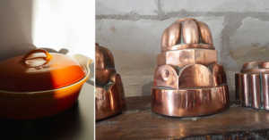 antique copper molds and le creuset pan