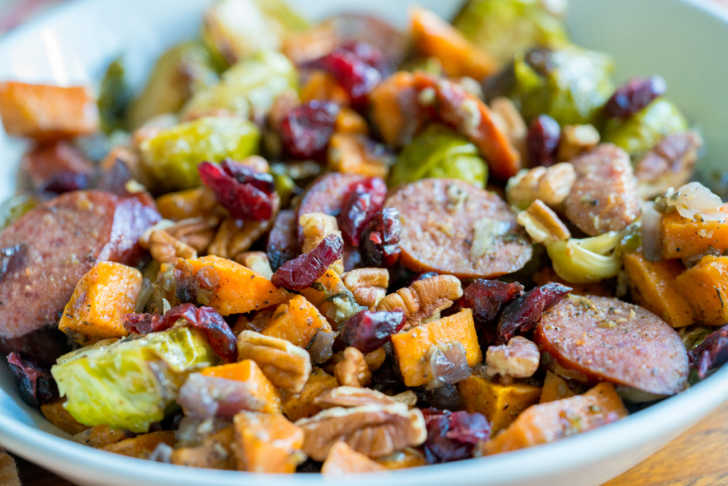 Close up of a bowl with sausage and veggies