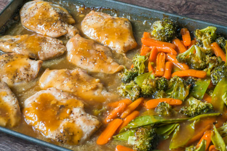 Pan with chicken and veggies and honey glaze on top