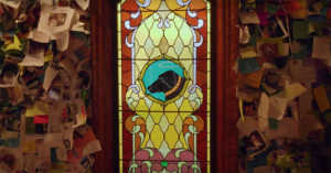 stained glass window inside dog chapel Steven Huneck's Dog Mountain