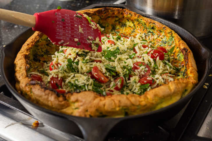 Caprese Salad Savory Dutch Baby being made