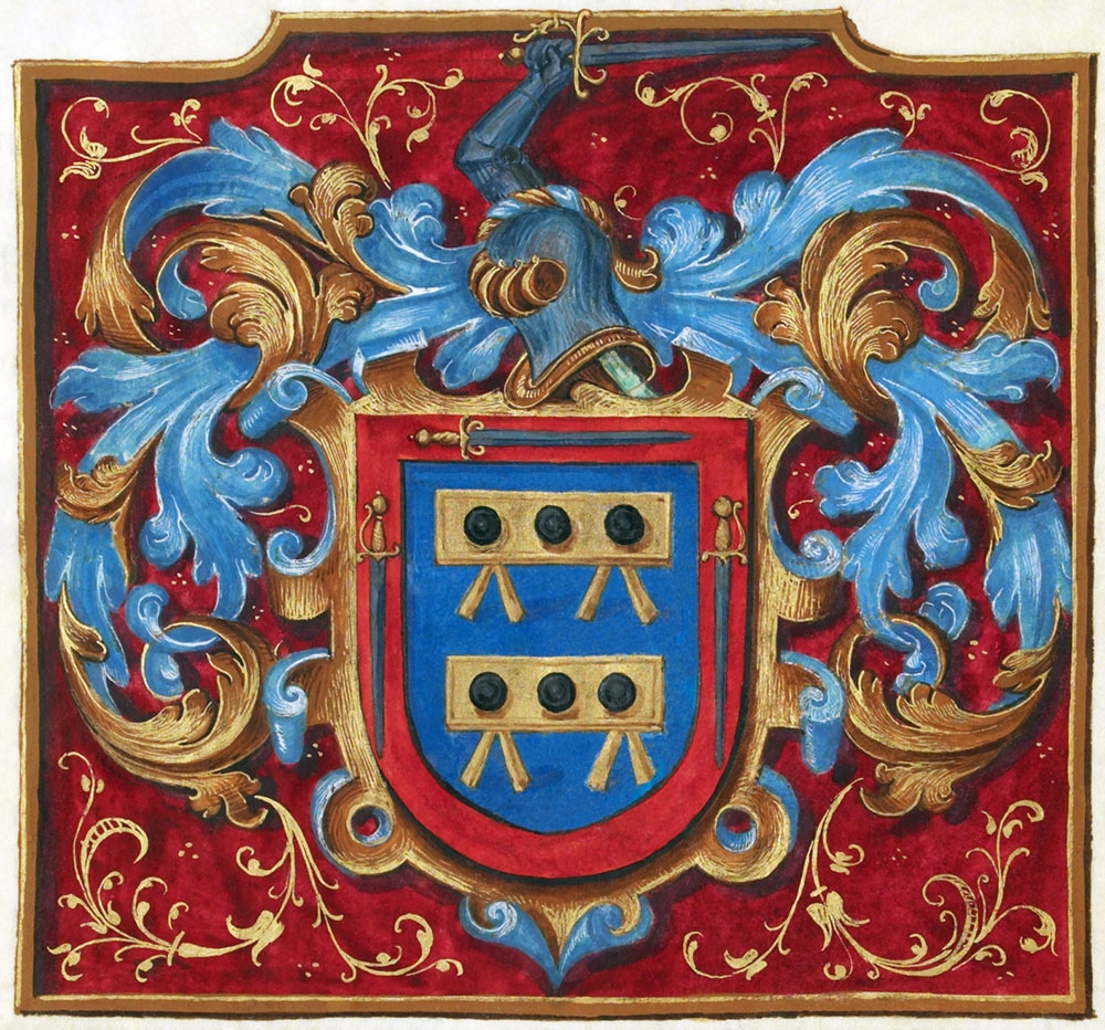 coat of arms granted to Alonso de Mesa and Hernando de Mesa by King Philip II of Spain in the 16th century