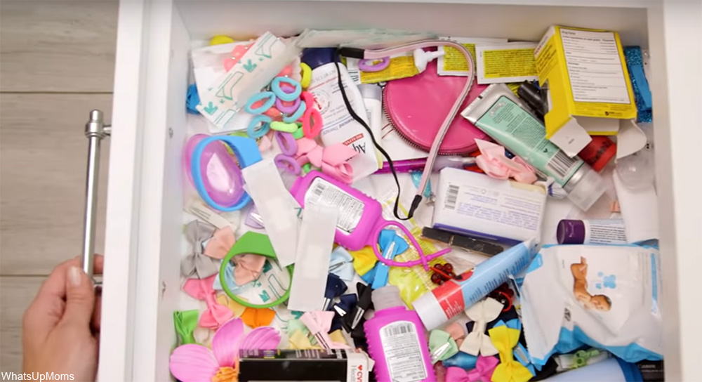 messy kids bathroom drawer