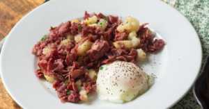 corn willy hash with a poached egg