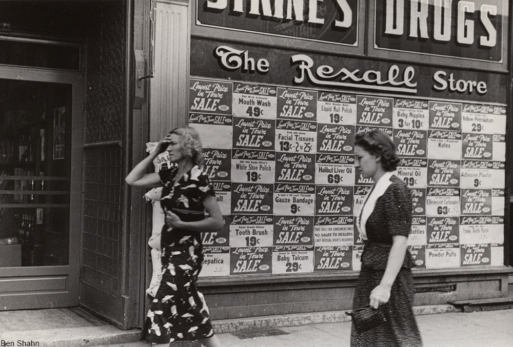 Rexall drugstore window display with prices, 1938