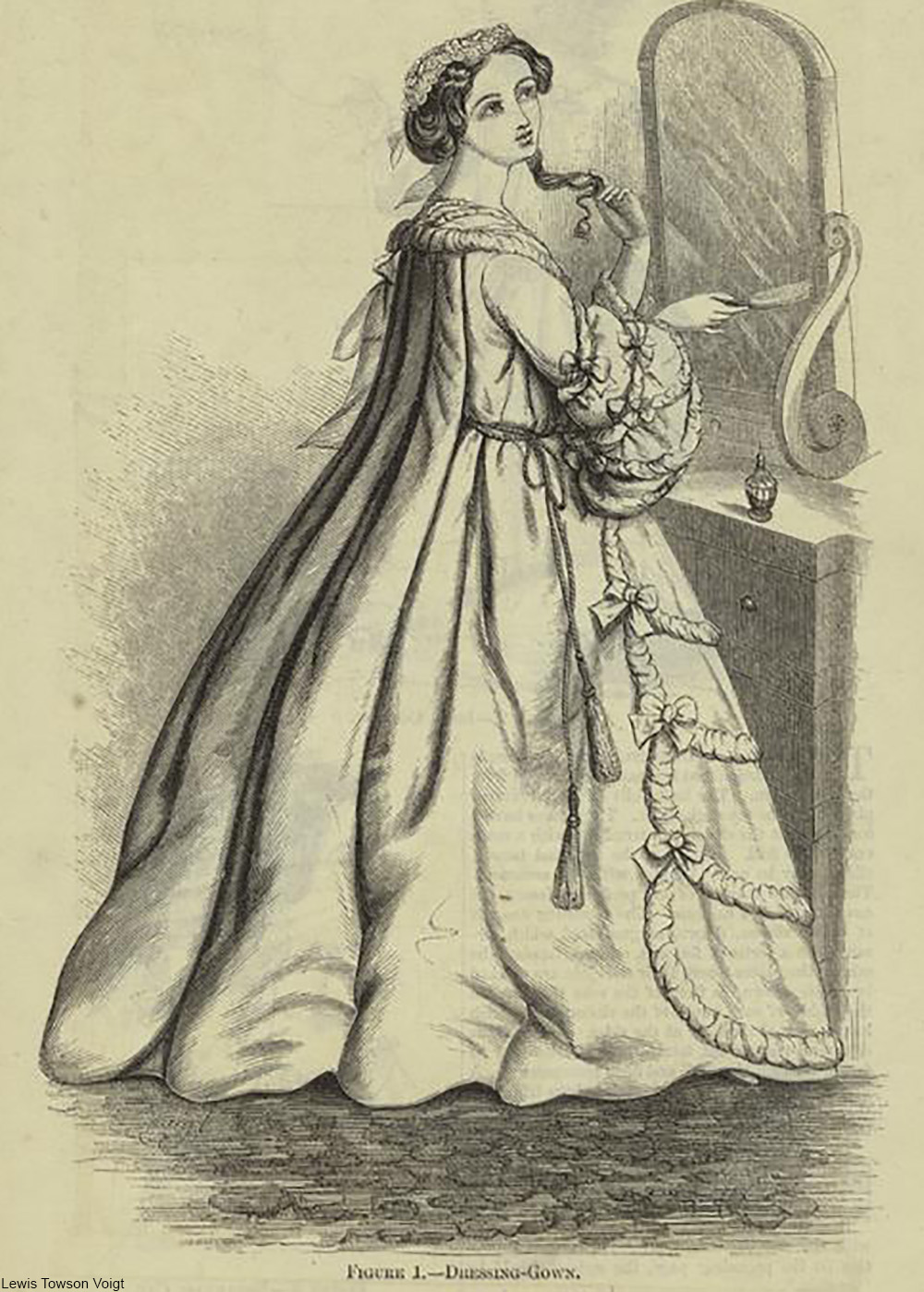 fashion illustration from 1860 showing an elaborate dressing gown