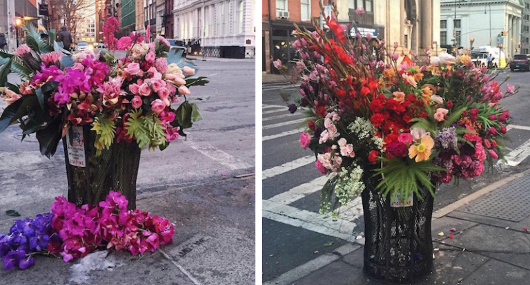 Floral Designer Turns NYC Trash Cans Into Giant Vases