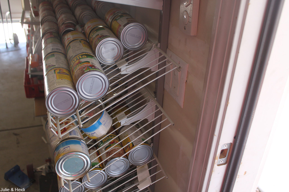 wire rack holding canned goods