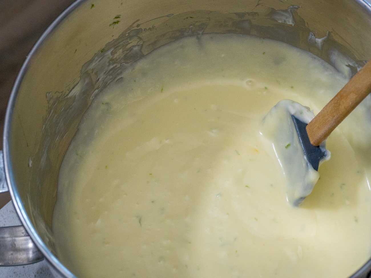 Add lime juice and mix until combined. Add the eggs and mix until just combined. Don't over mix because it can cause the cheesecake to crack while baking.