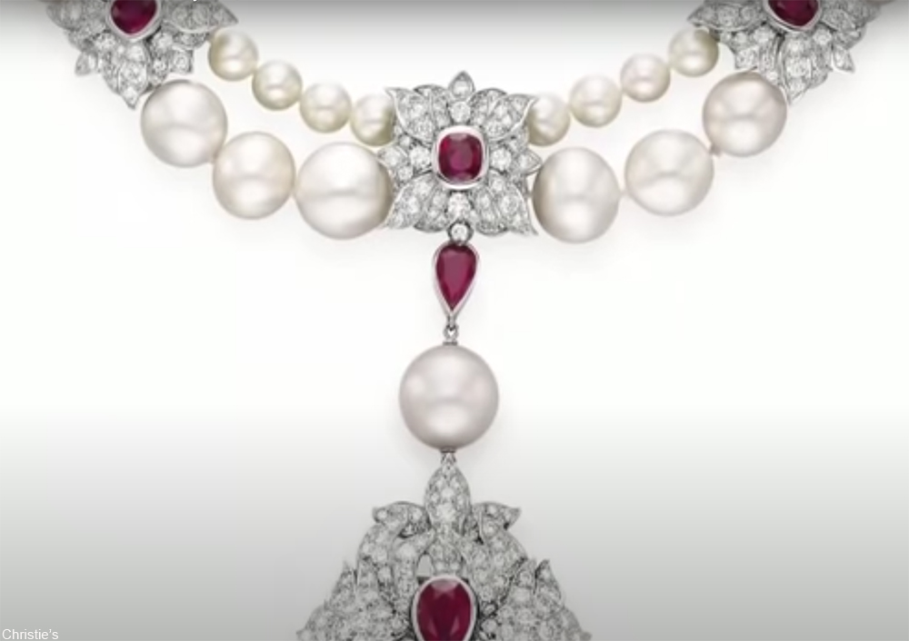 ruby, diamond, and pearl necklace that features a huge pearl once worn by Mary Tudor