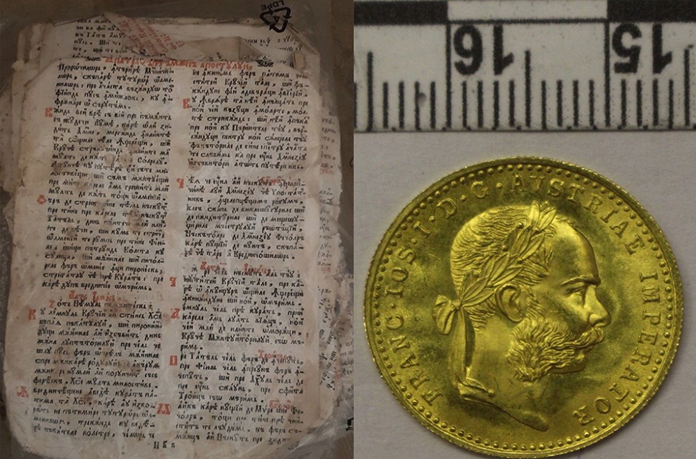 A liturgical book for Orthodox feast days from the 18th century and an antique coin, both intercepted in Romania.