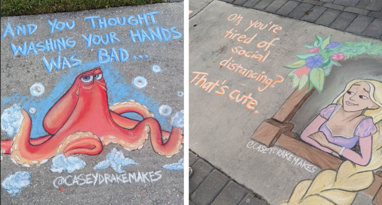 Artist Creates Chalk Drawings About Social Distancing Featuring Disney Characters