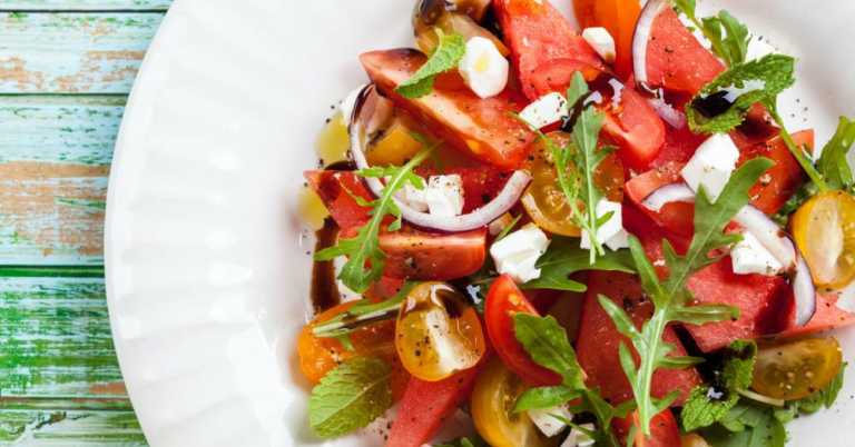 Watermelon Tomato Salad With Feta, Mint, and Arugula