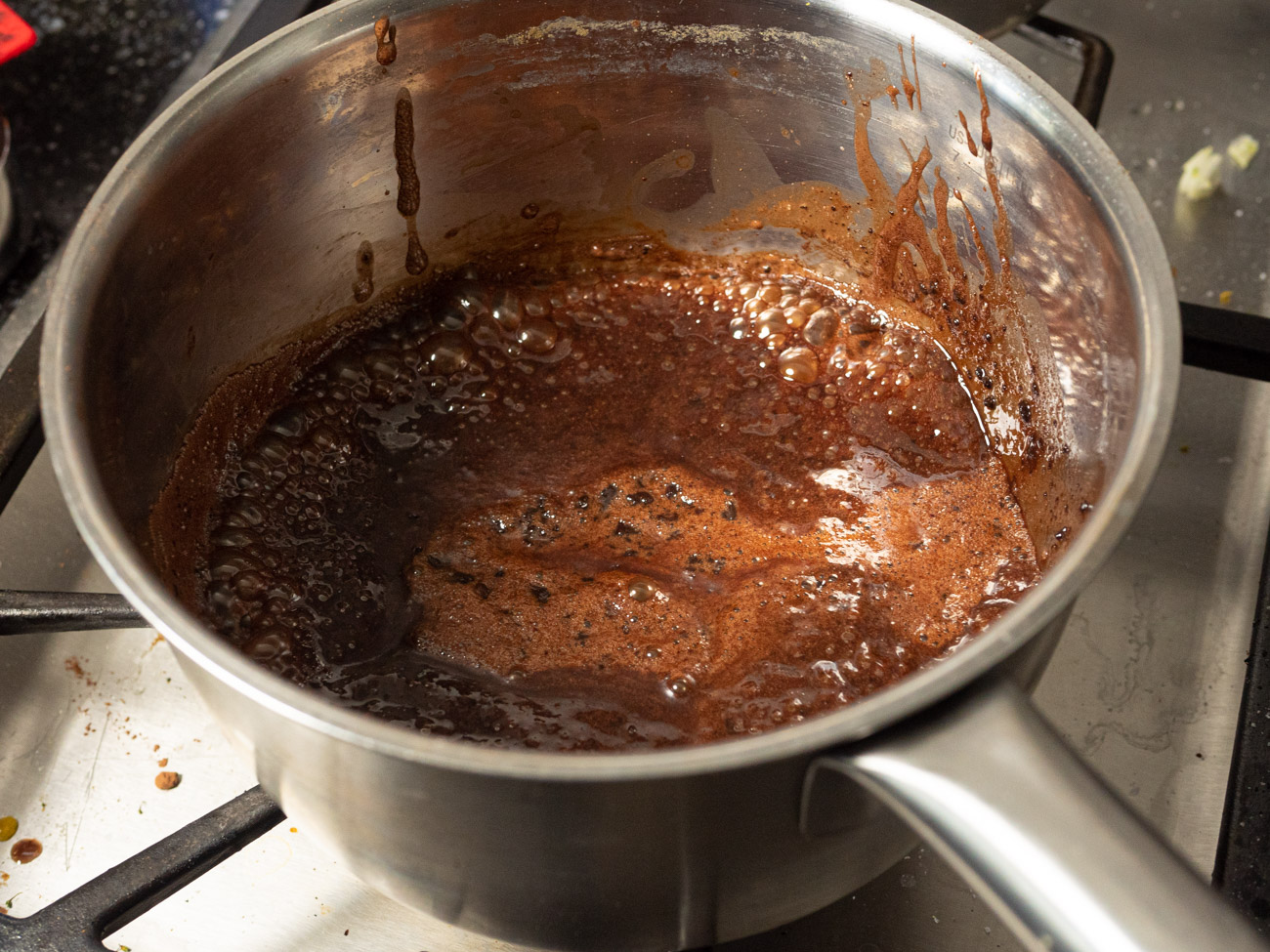 Preheat oven to 350˚. Heat 3/8 cup milk in saucepan over medium heat. Stir in 1/2 cup sugar and 1/4 cup cocoa. Bring to a boil and cook until thickened (about 2 minutes), stirring constantly.