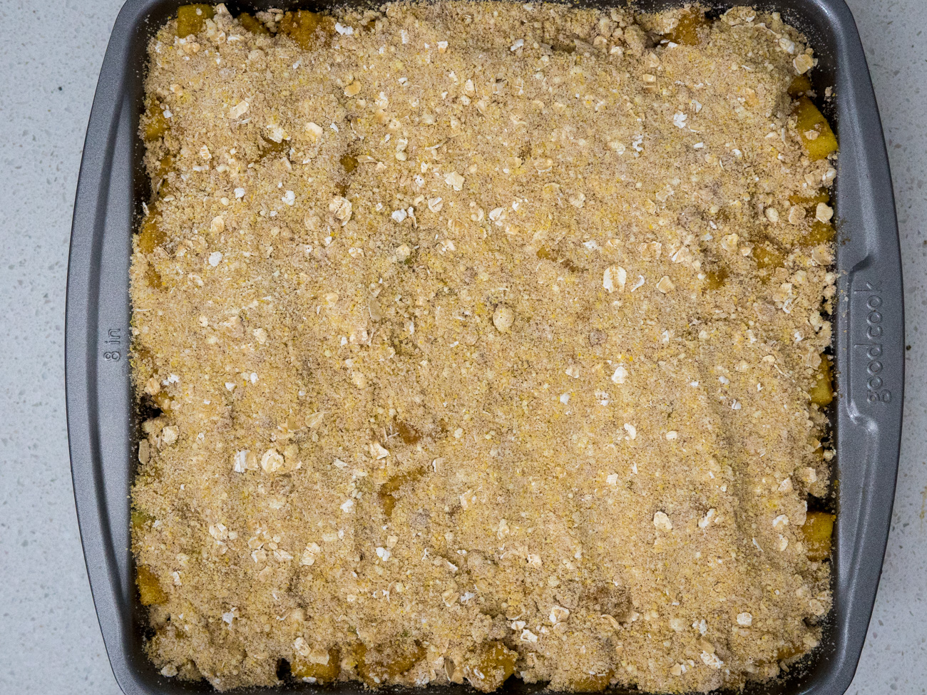 Top apples with remaining cornbread crumble. Bake for 30-35 minutes. Best served warm with a scoop of vanilla ice cream.