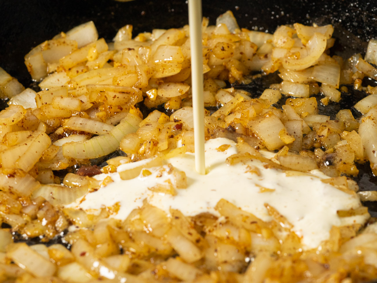 making the sauce for Chicken Parmesan Carbonara