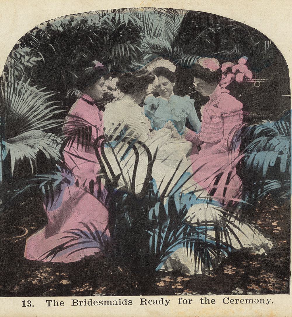 tinted stereoscope slide of three bridesmaids and a bride before the wedding