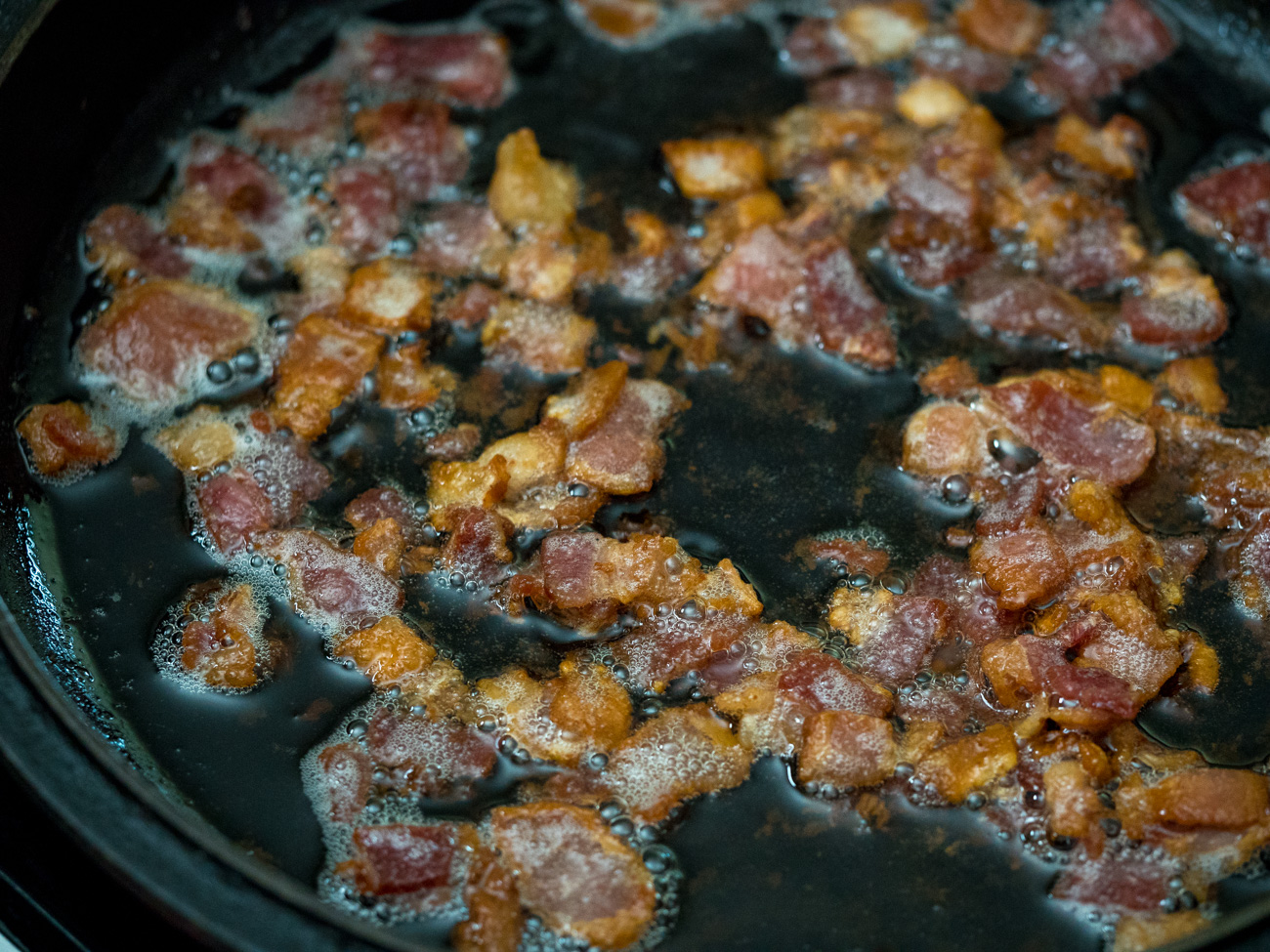 cooking bacon for Bavarian Potato Salad