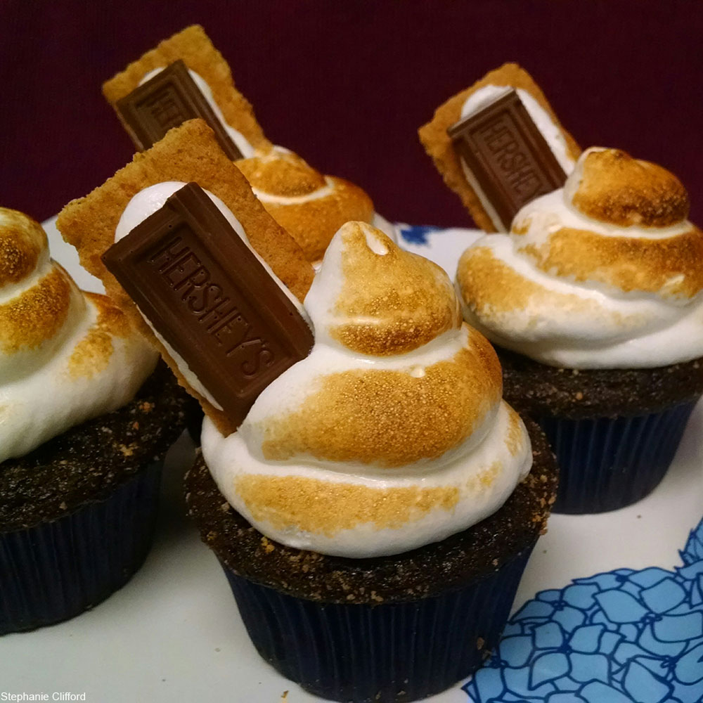 s'mores cupcakes with Hershey's chocolate on top