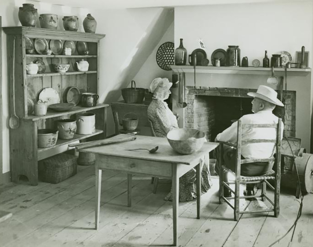black and white photo of historical interpreters at the historic family home of Walt Whitman