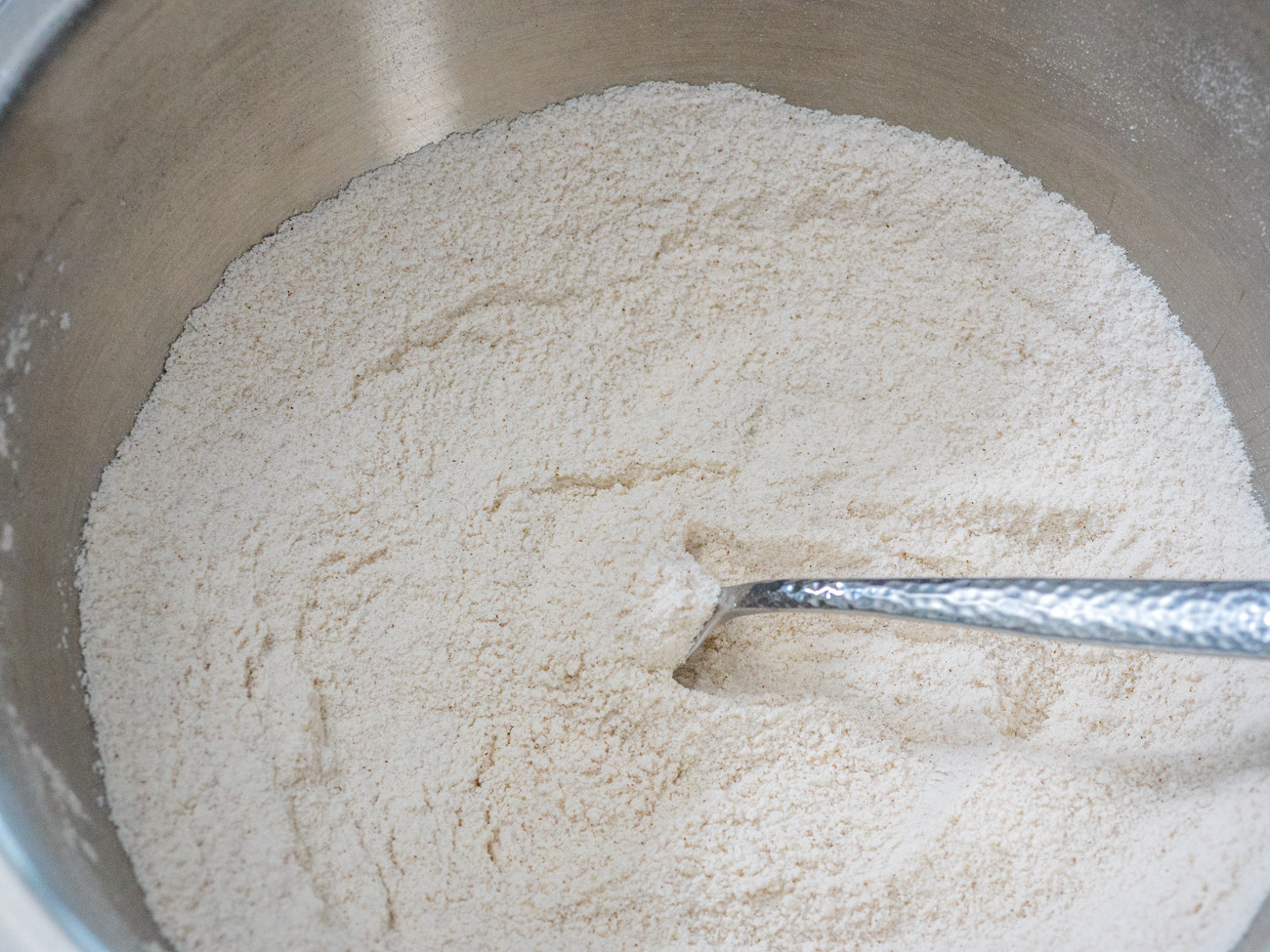  En un tazón grande, mezcle la harina, el azúcar, el polvo de hornear, el bicarbonato de sodio, la sal y la canela.