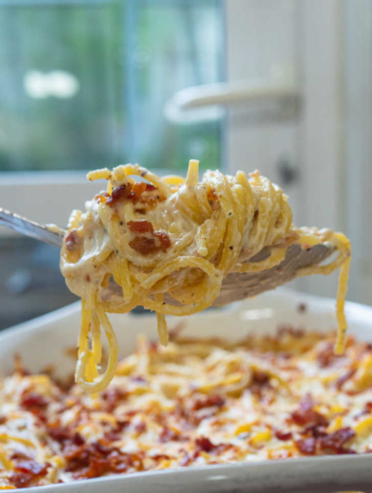 Spaghetti with lardons and Crémeux du Poitou cheese - Recipe idea