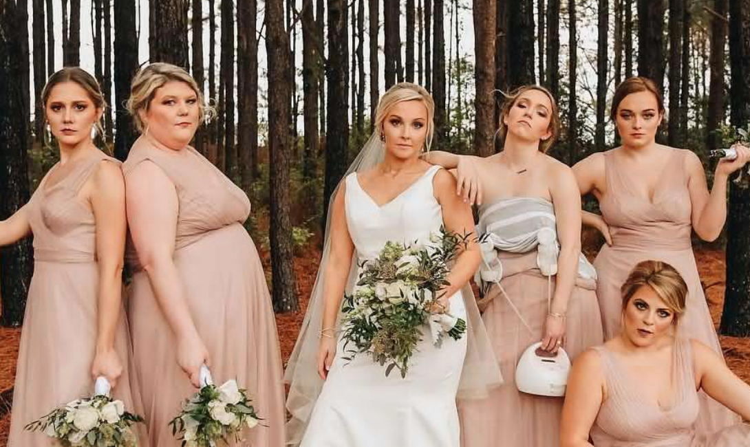 Bride and bridesmaid in nature with bouquets of flowers. Funny wedding  moments, bride show bridesmaids her new ring. Girls in shock. Stock Photo |  Adobe Stock
