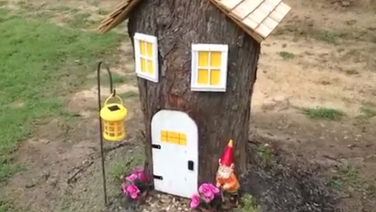 Woman Turns An Old Tree Stump Into A Garden Gnome Home