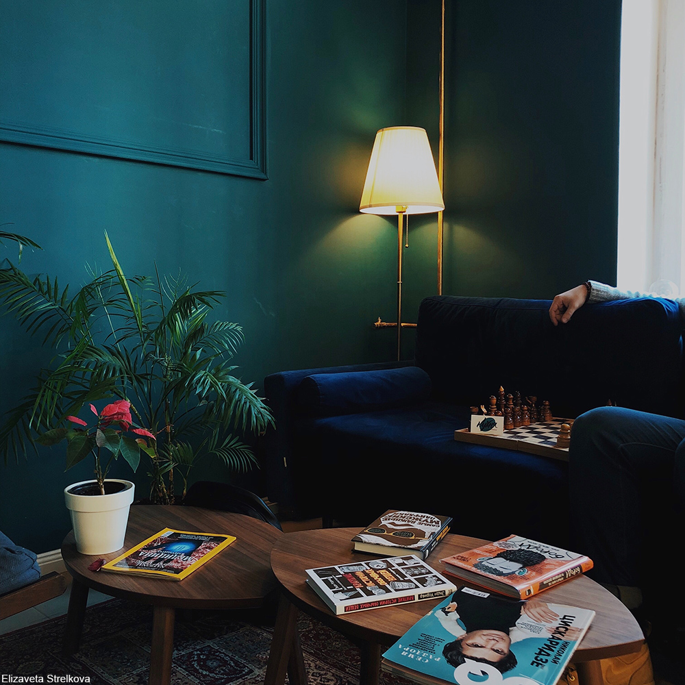 navy blue sofa in front of a green wall