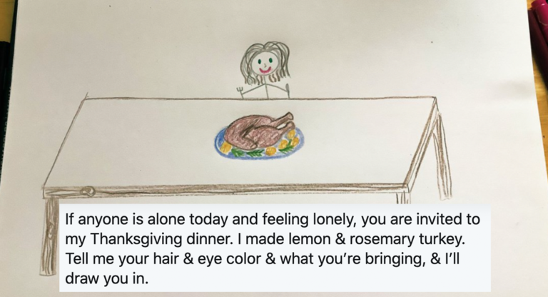 Woman Invites ‘Lonely’ People To Join Her Virtual Thanksgiving By Drawing Them At Her Table