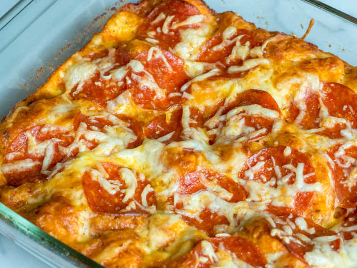 Pepperoni pizza in a baking dish